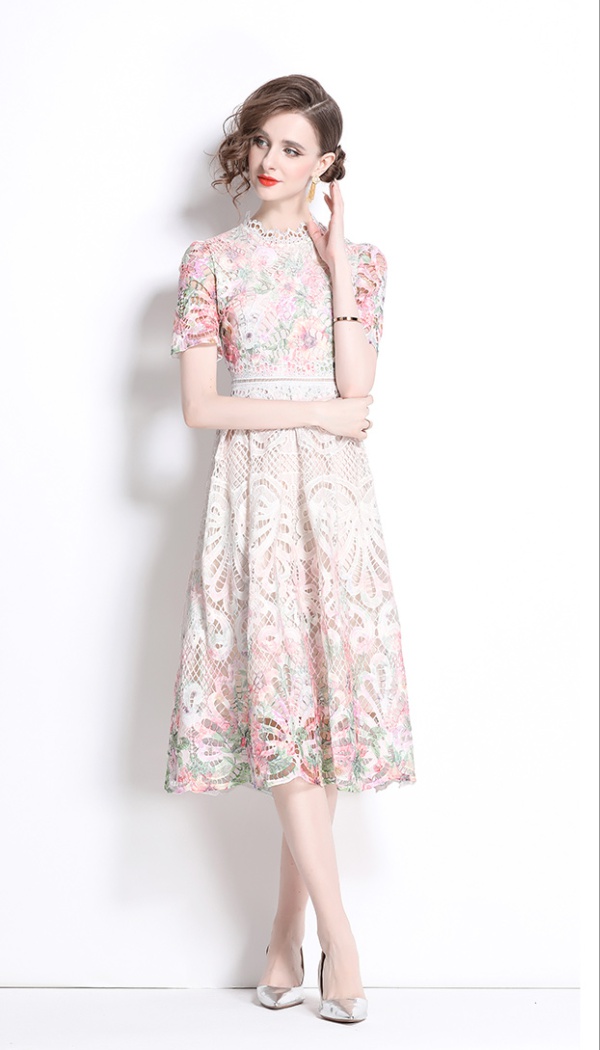 Lace hollow light luxury fashion printing slim long dress