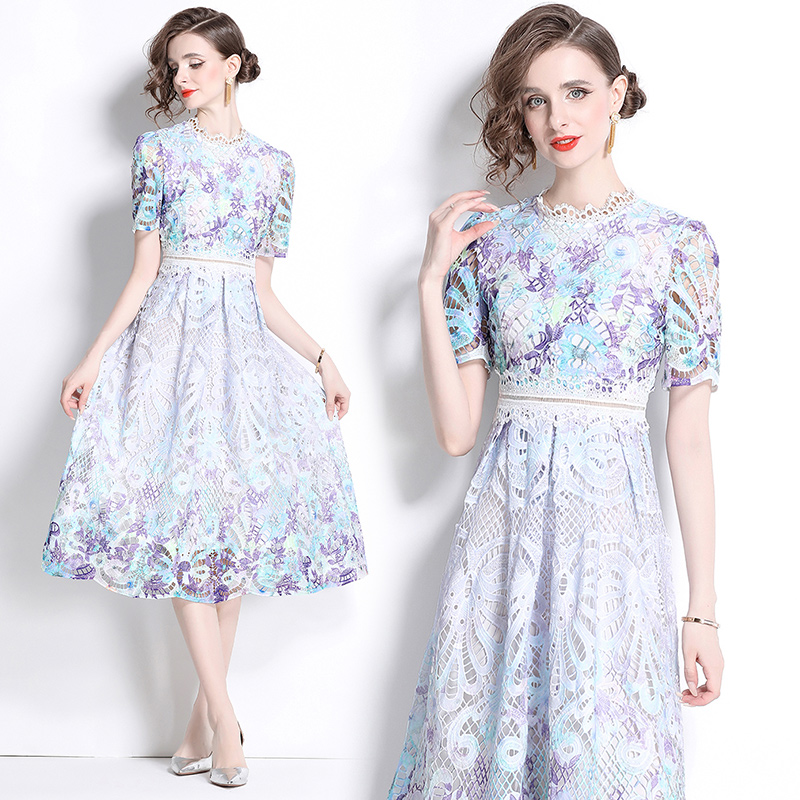 Hollow fashion slim printing lace dress