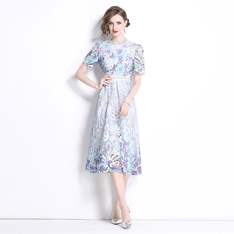 Hollow fashion slim printing lace dress