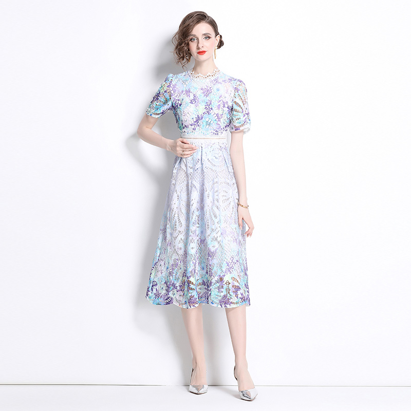 Hollow fashion slim printing lace dress