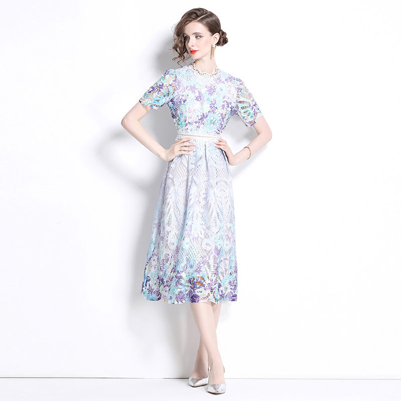 Hollow fashion slim printing lace dress