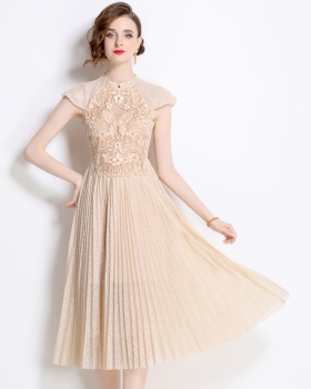 Lace embroidery long dress pleated dress for women