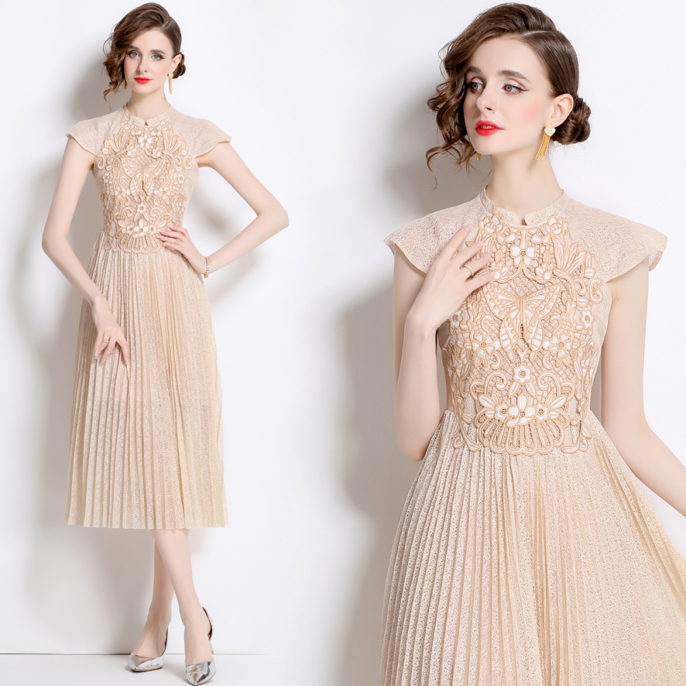 Lace embroidery long dress pleated dress for women