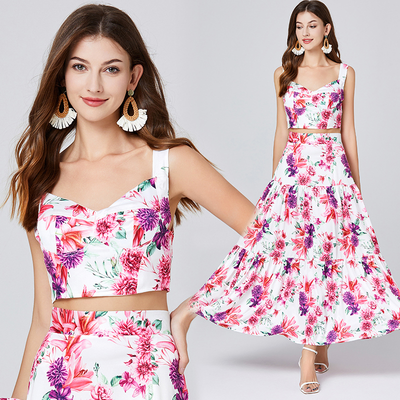 Flowers wrapped chest stereoscopic summer skirt 2pcs set