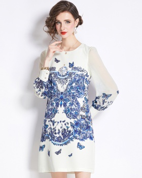Printing chiffon A-line fashion long sleeve dress