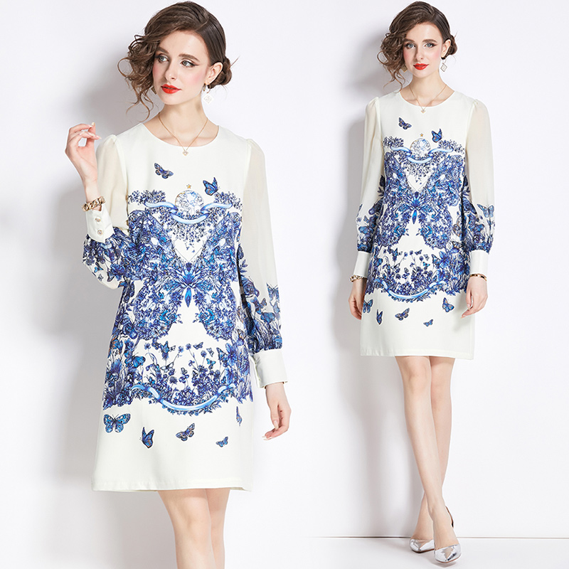 Printing chiffon A-line fashion long sleeve dress