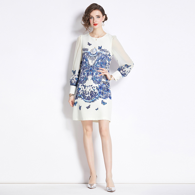 Printing chiffon A-line fashion long sleeve dress