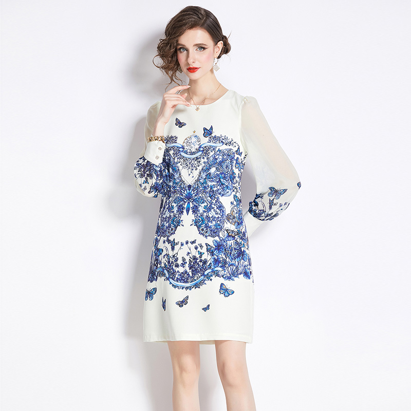 Printing chiffon A-line fashion long sleeve dress