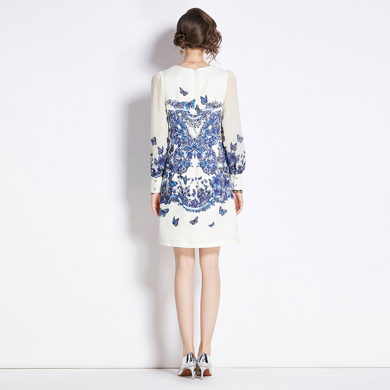 Printing chiffon A-line fashion long sleeve dress