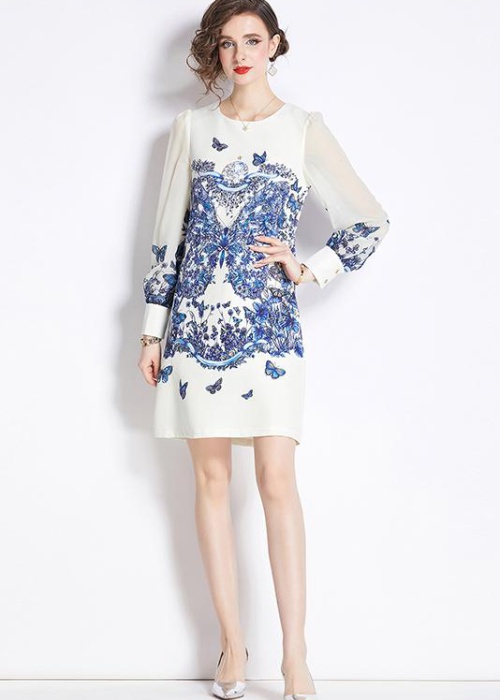 Printing chiffon A-line fashion long sleeve dress