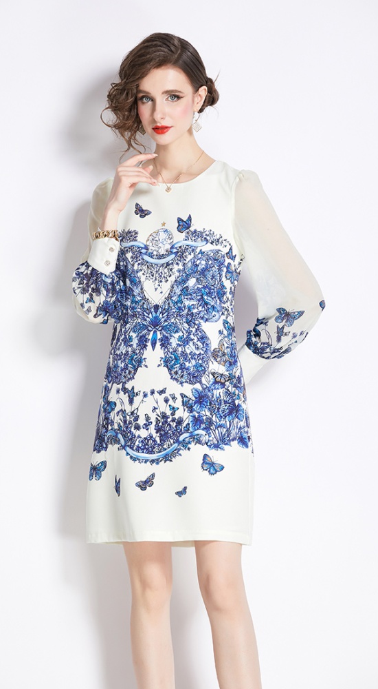 Printing chiffon A-line fashion long sleeve dress