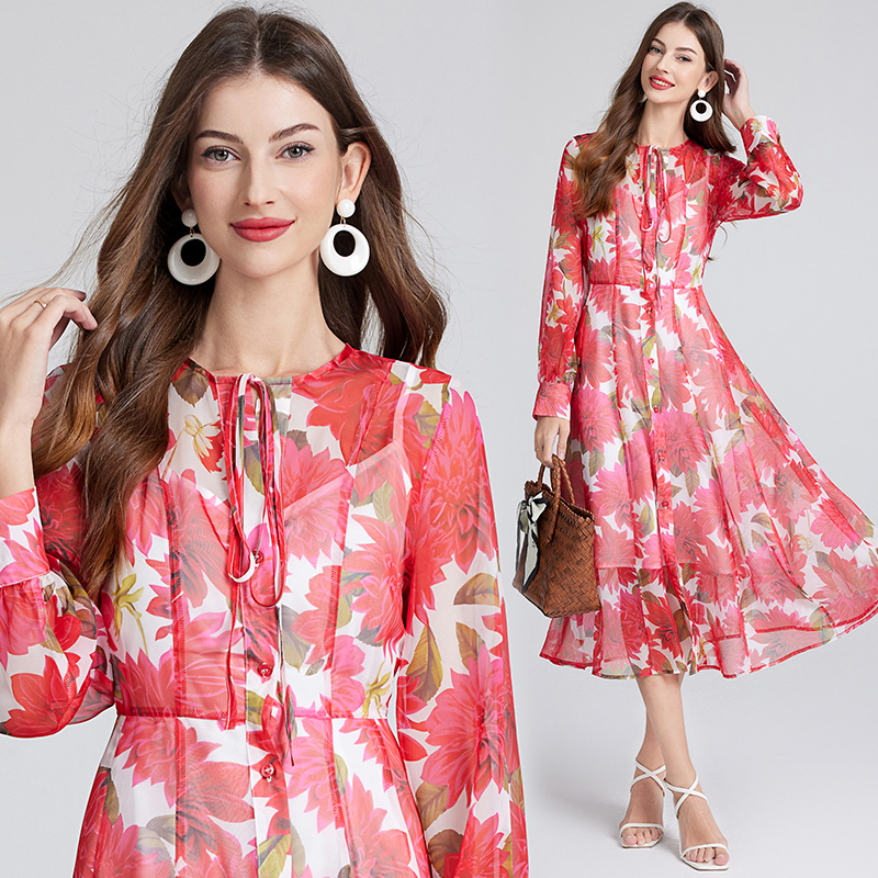 Spring and summer printing catwalk safflower dress 2pcs set