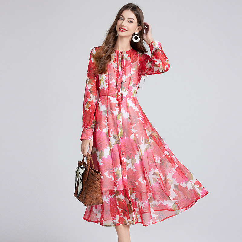 Spring and summer printing catwalk safflower dress 2pcs set