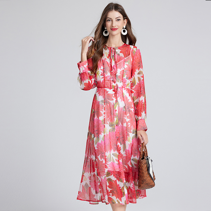 Spring and summer printing catwalk safflower dress 2pcs set