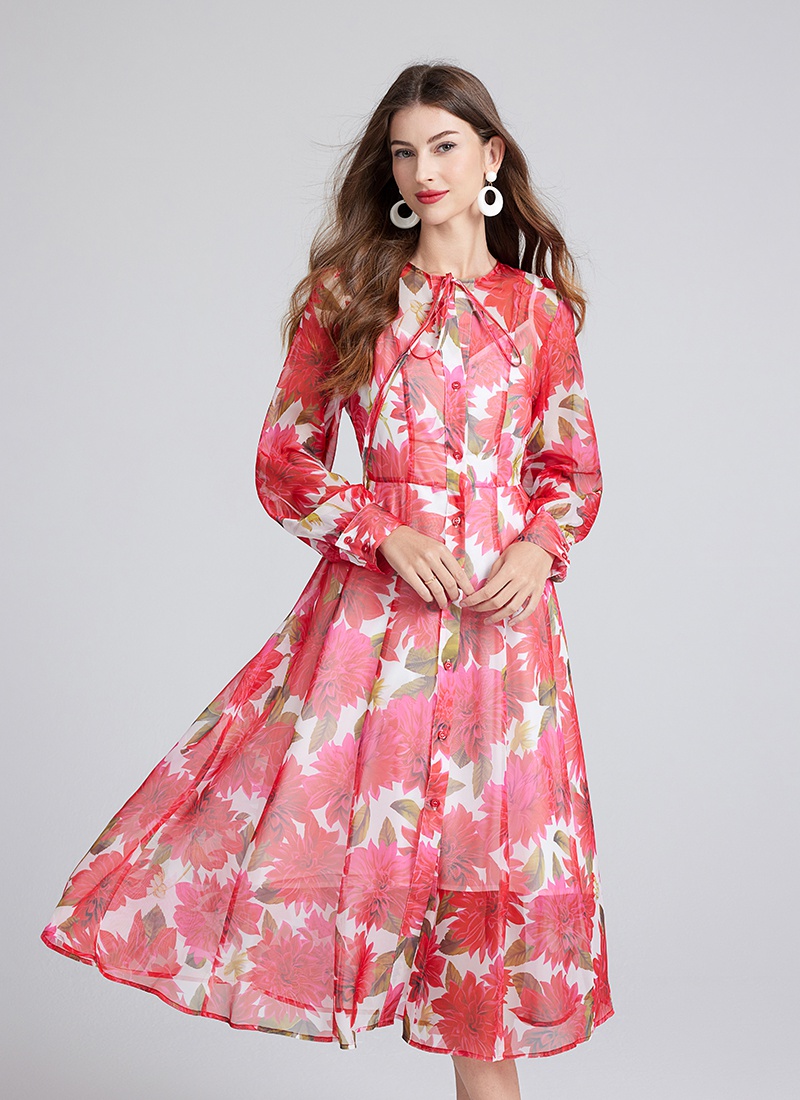 Spring and summer printing catwalk safflower dress 2pcs set