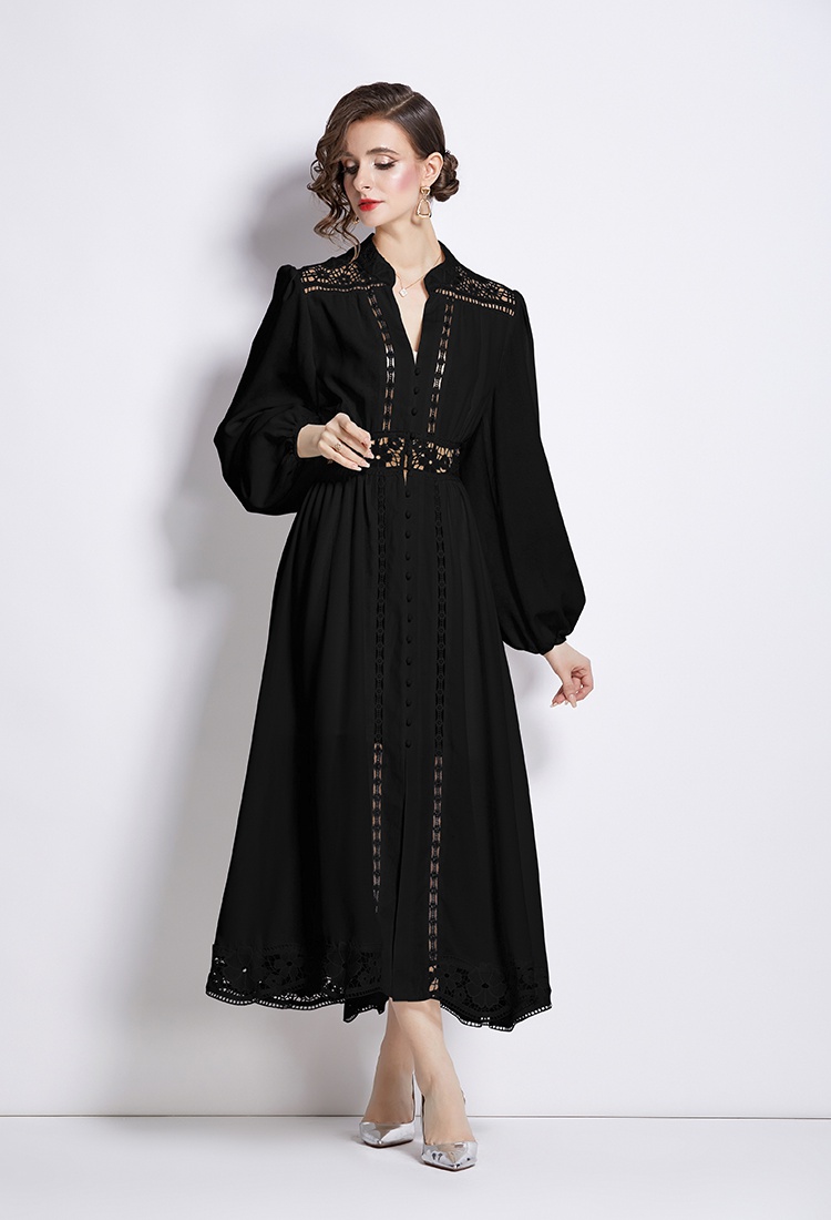 Lantern sleeve long hollow lace autumn splice V-neck dress