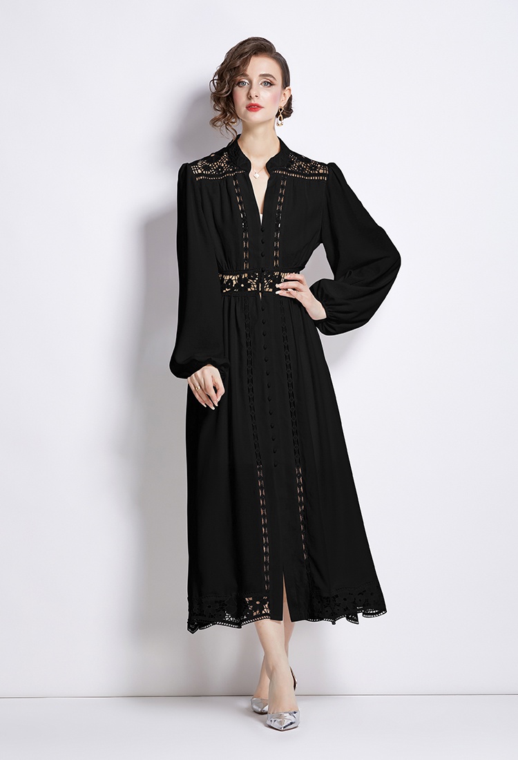 Lantern sleeve long hollow lace autumn splice V-neck dress