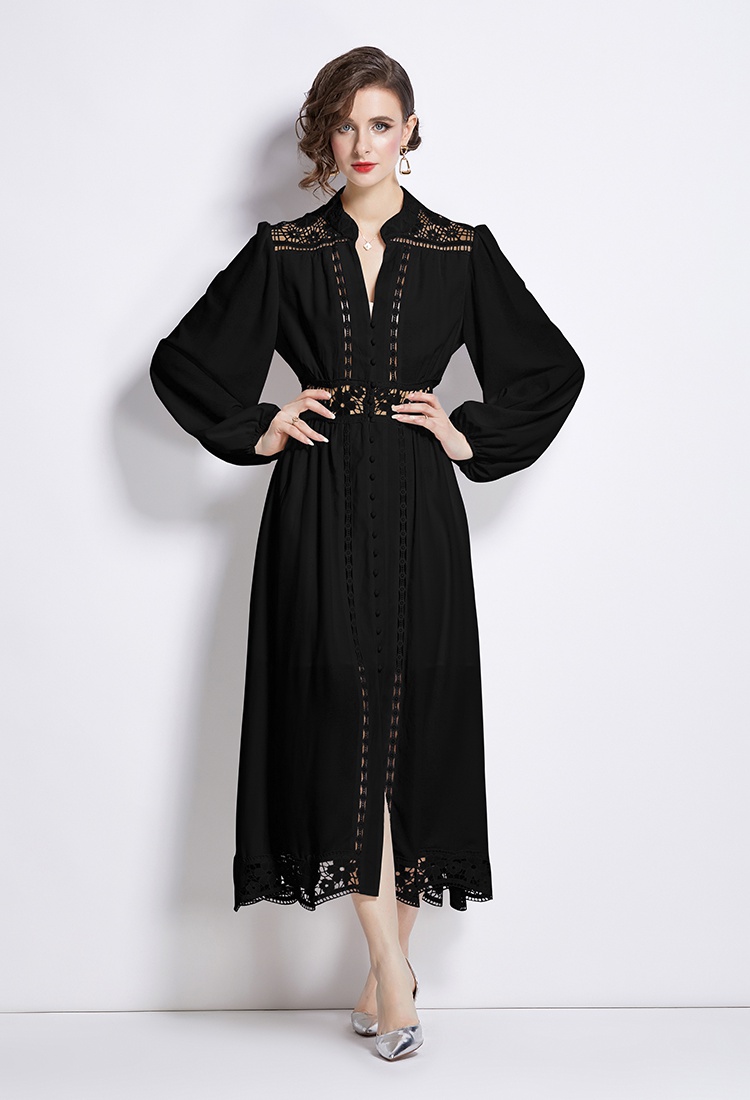 Lantern sleeve long hollow lace autumn splice V-neck dress