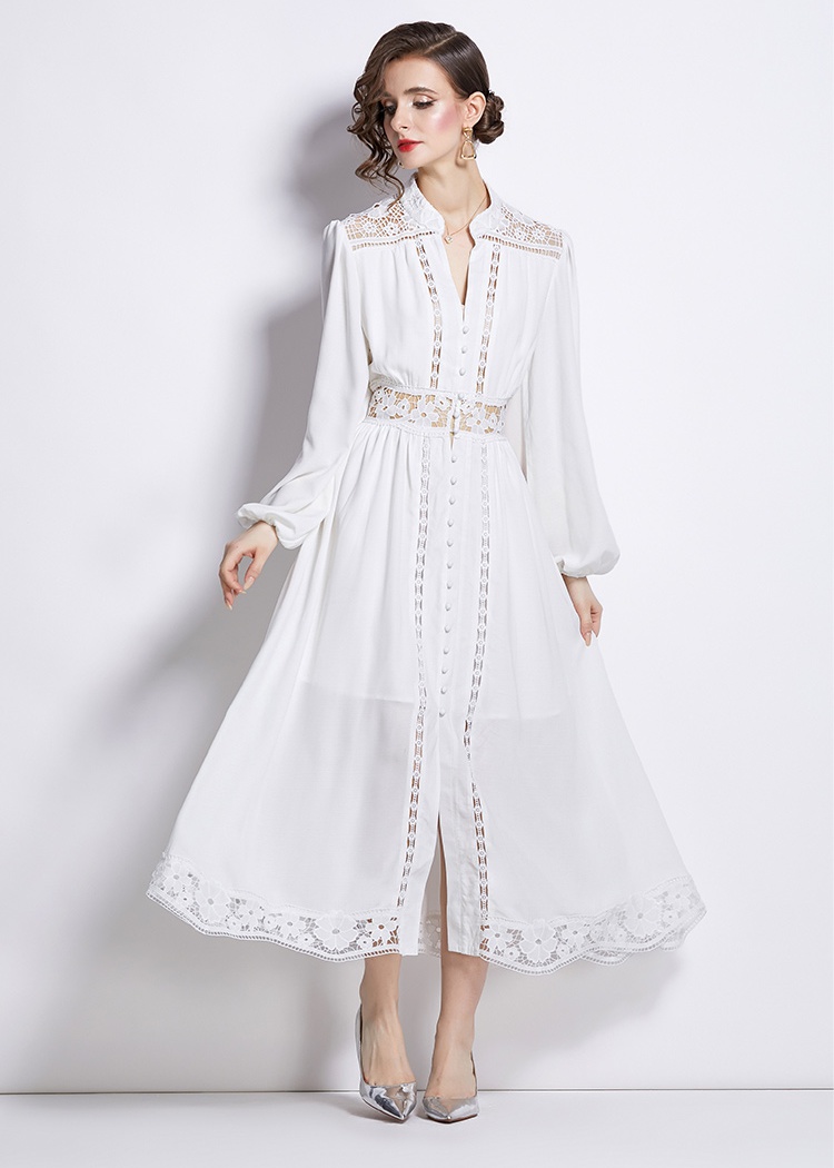 Lantern sleeve long hollow lace autumn splice V-neck dress