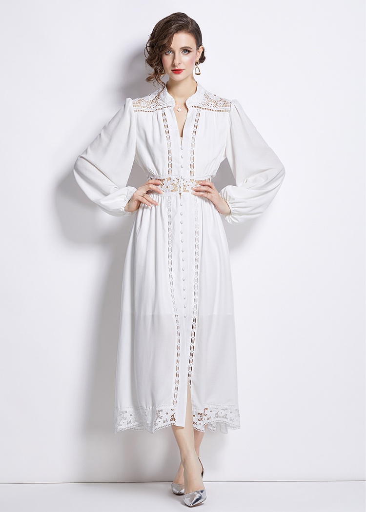 Lantern sleeve long hollow lace autumn splice V-neck dress