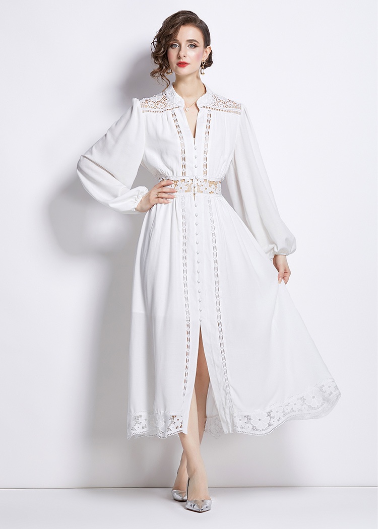 Lantern sleeve long hollow lace autumn splice V-neck dress