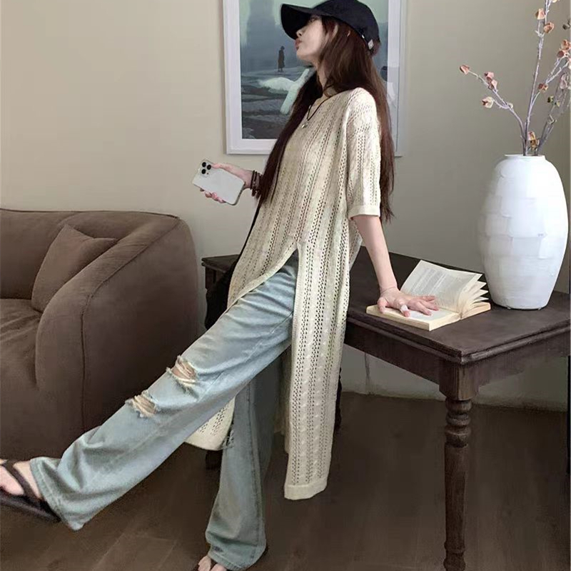 Loose split long dress short sleeve smock for women