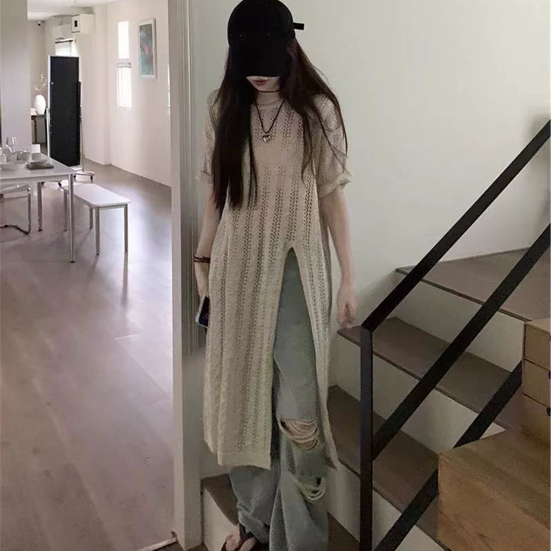 Loose split long dress short sleeve smock for women