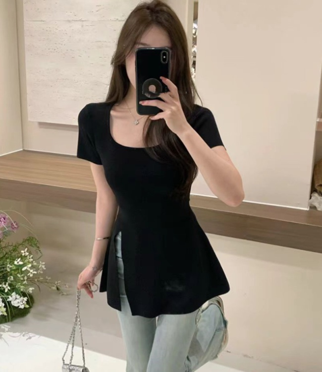 Commuting tops square collar hem sweater for women