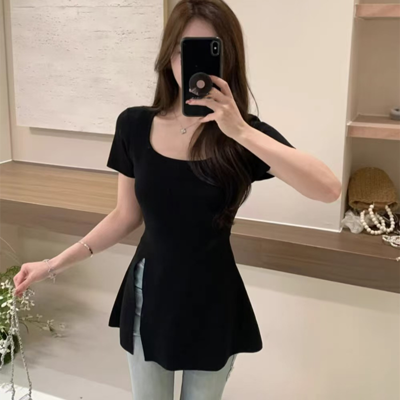 Commuting tops square collar hem sweater for women