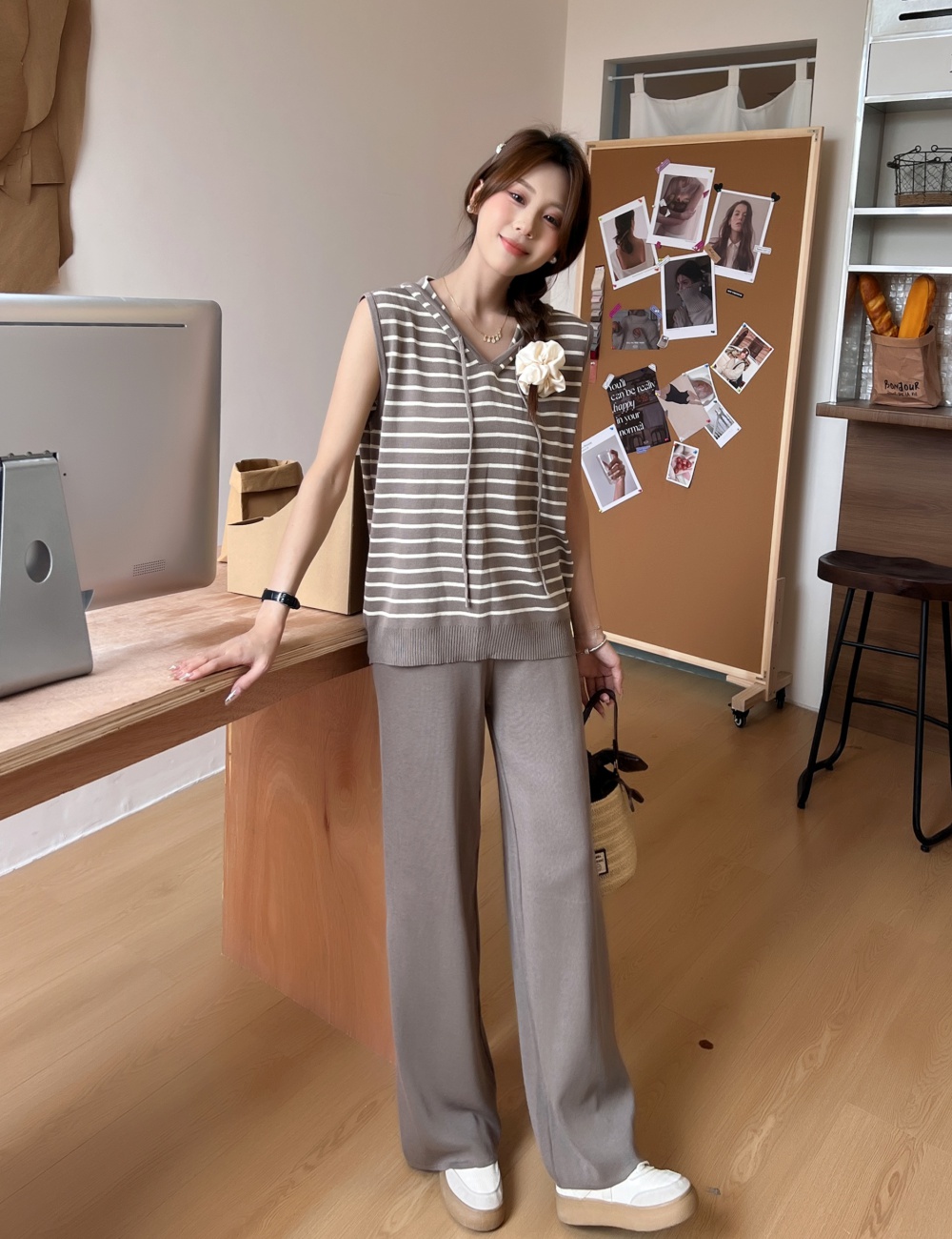 Hooded wide leg pants sweater 2pcs set for women