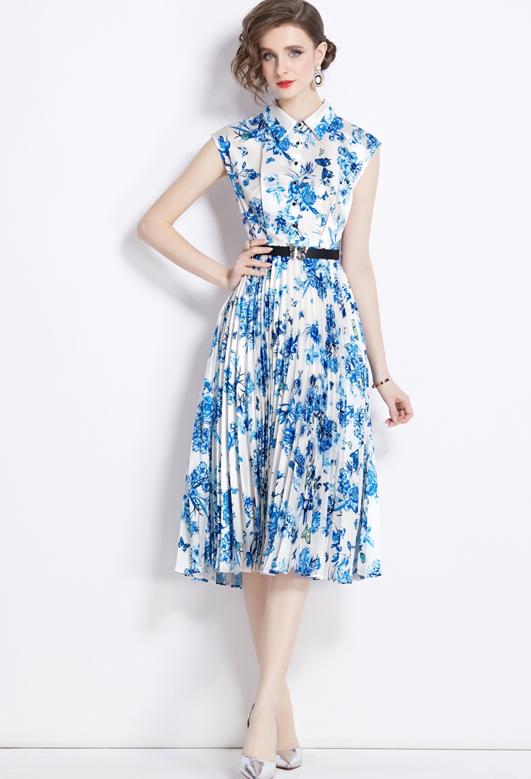 Sleeveless dress blue and white porcelain long dress