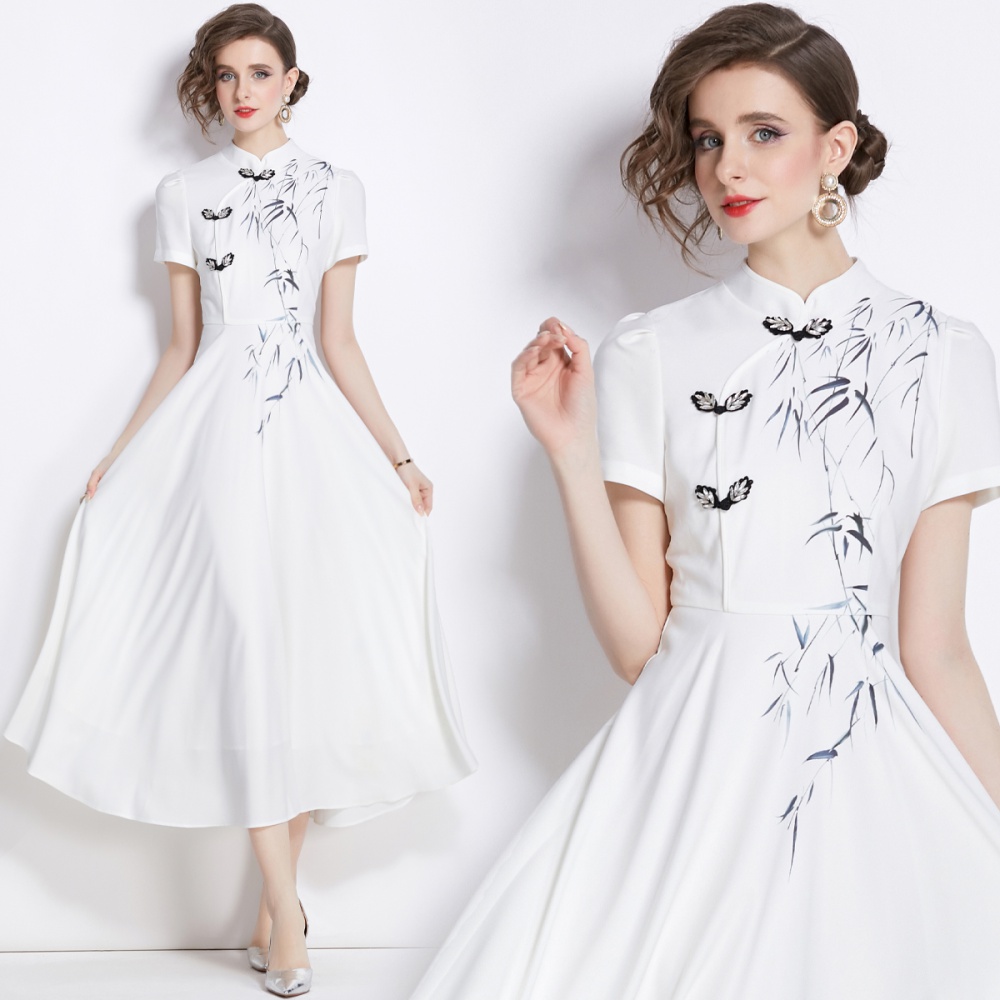 Temperament big skirt cheongsam cstand collar ink dress