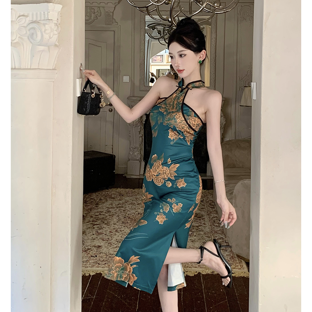 Printing retro halter cheongsam package hip slim dress