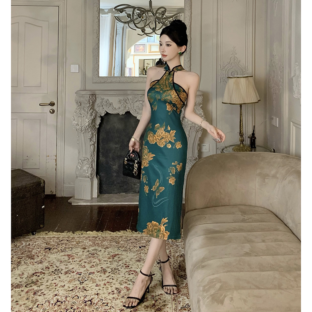 Printing retro halter cheongsam package hip slim dress