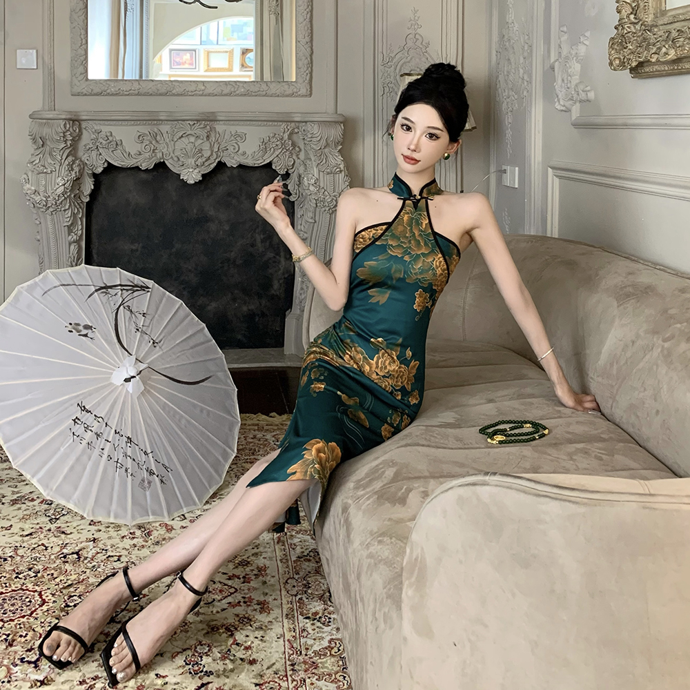 Printing retro halter cheongsam package hip slim dress