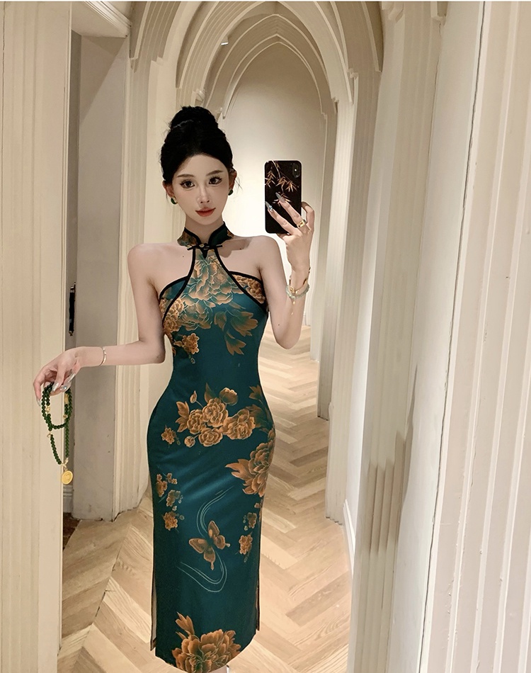 Printing retro halter cheongsam package hip slim dress