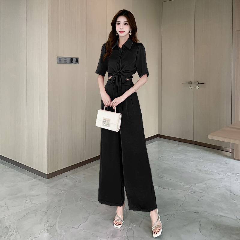 Slim bow long pants fashion summer tops 2pcs set