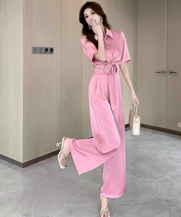 Slim bow long pants fashion summer tops 2pcs set