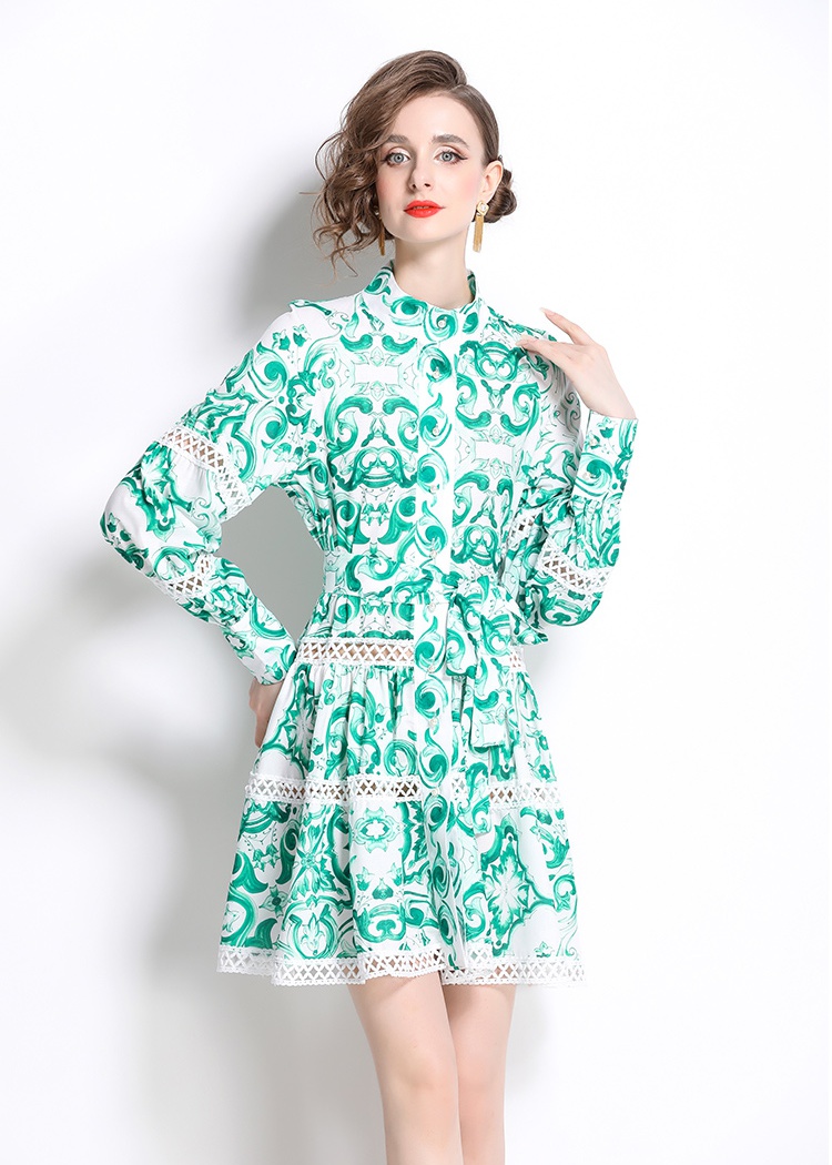 Cstand collar lace vacation breasted printing dress