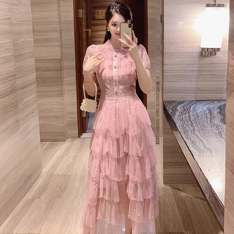 Western style France style pink beading summer dress for women