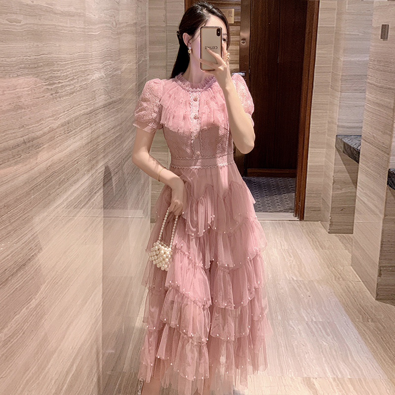 Western style France style pink beading summer dress for women