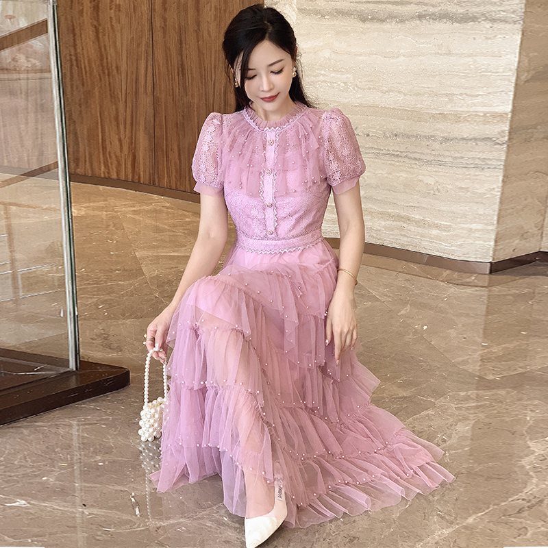 Western style France style pink beading summer dress for women