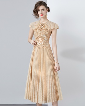 Pleated lace hollow embroidery champagne long high waist dress
