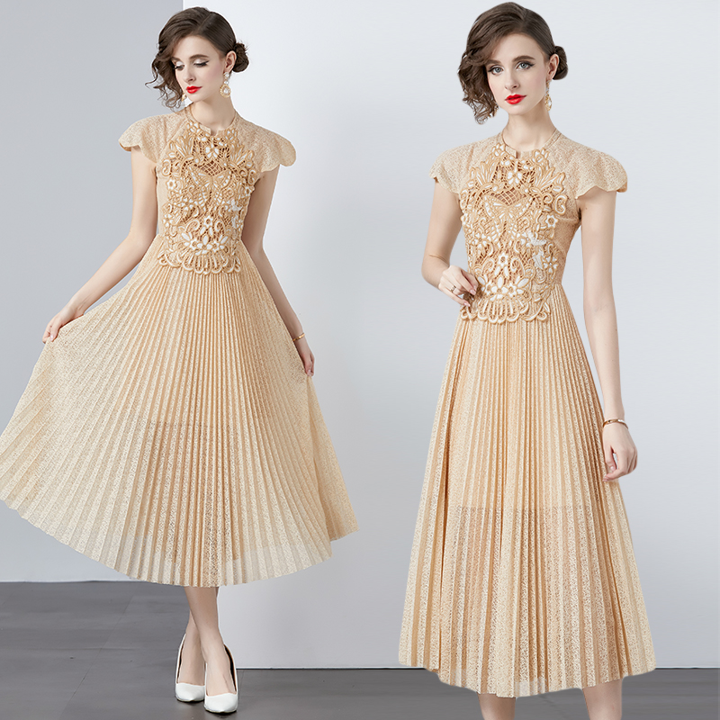 Pleated lace hollow embroidery champagne long high waist dress