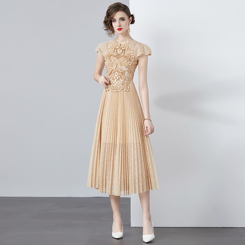 Pleated lace hollow embroidery champagne long high waist dress