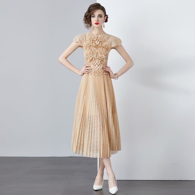 Pleated lace hollow embroidery champagne long high waist dress