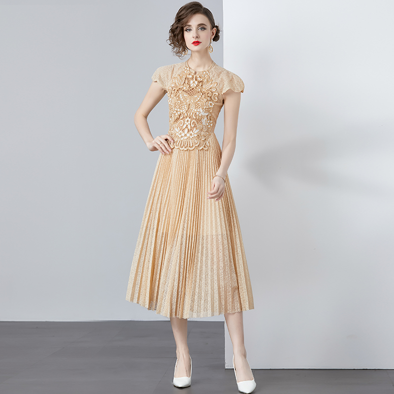 Pleated lace hollow embroidery champagne long high waist dress