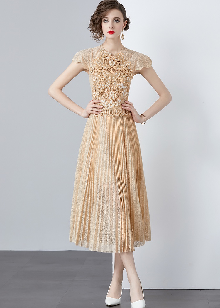 Pleated lace hollow embroidery champagne long high waist dress