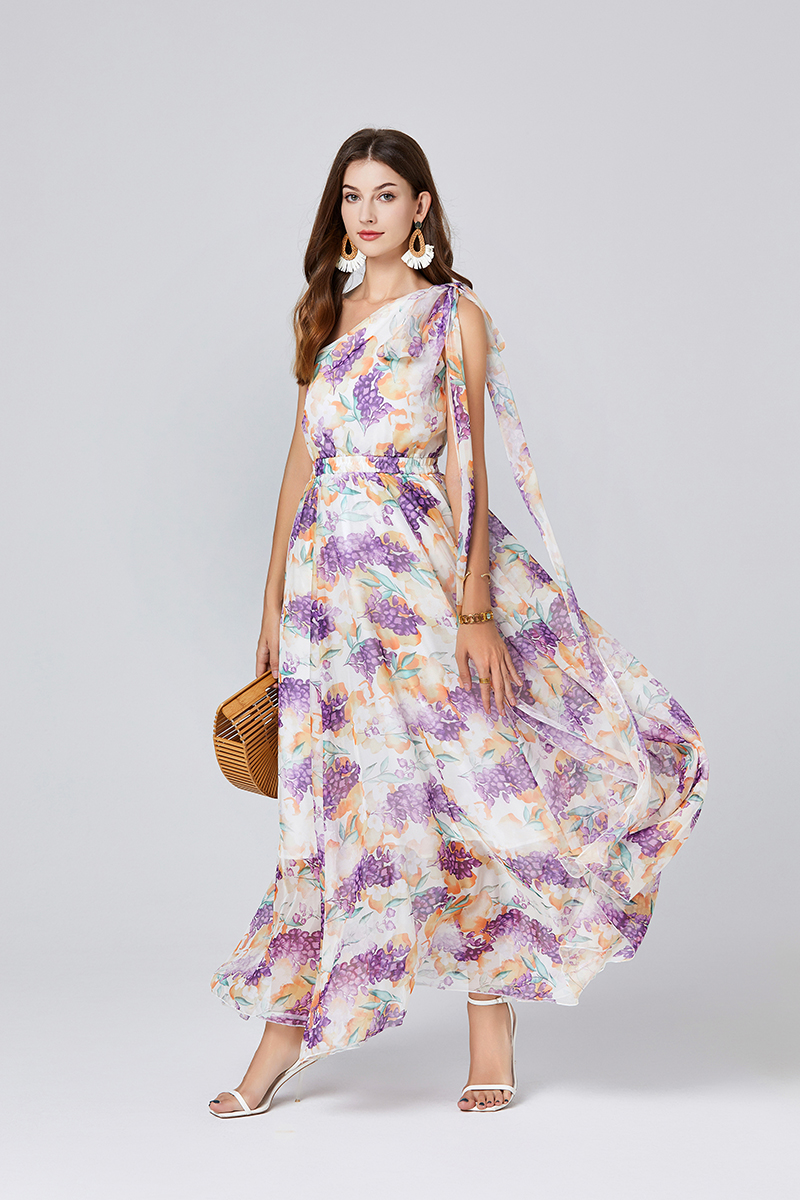 Sloping shoulder high waist printing dress