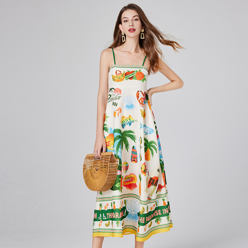 Elasticity pocket printing dress summer elastic big skirt vest